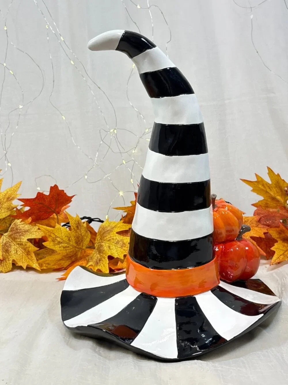 Black & White Striped Witch Hat Halloween Décor McKenzie Inspired Tabletop New